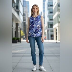 NEW, French Twist, Blue Leaf Print Sleeveless Top, Small